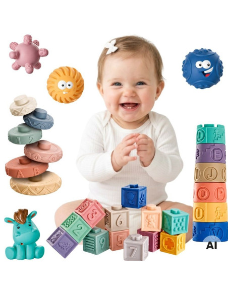 WOOPIE BABY 27 minkštų sensorinių kaladėlių rinkinys