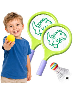 WOOPIE badmintono ir teniso raketės su putplasčio kamuoliuku ir dinozauro formos plunksnine
