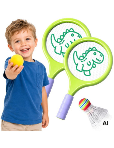 WOOPIE badmintono ir teniso raketės su putplasčio kamuoliuku ir dinozauro formos plunksnine