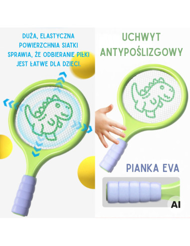 WOOPIE badmintono ir teniso raketės su putplasčio kamuoliuku ir dinozauro formos plunksnine