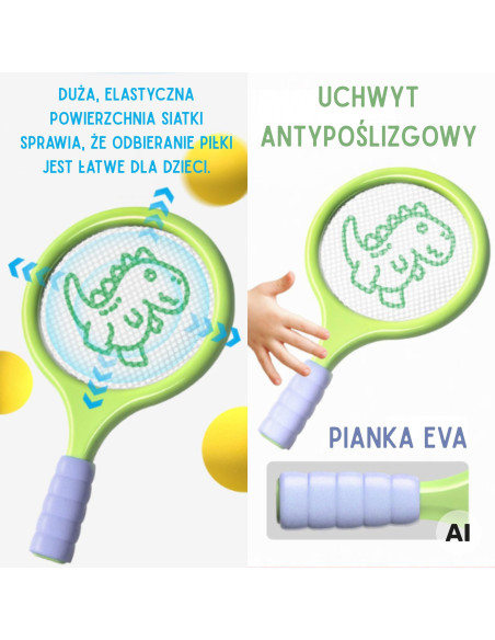 WOOPIE badmintono ir teniso raketės su putplasčio kamuoliuku ir dinozauro formos plunksnine