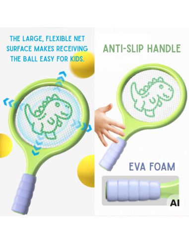 WOOPIE badmintono ir teniso raketės su putplasčio kamuoliuku ir dinozauro formos plunksnine