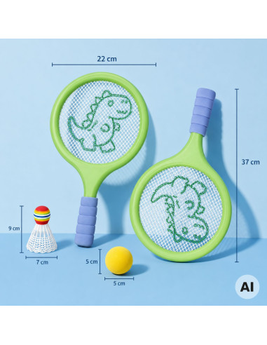 WOOPIE badmintono ir teniso raketės su putplasčio kamuoliuku ir dinozauro formos plunksnine