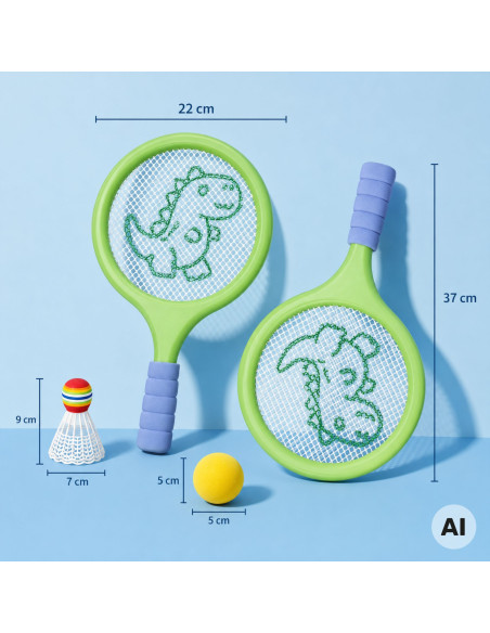 WOOPIE badmintono ir teniso raketės su putplasčio kamuoliuku ir dinozauro formos plunksnine
