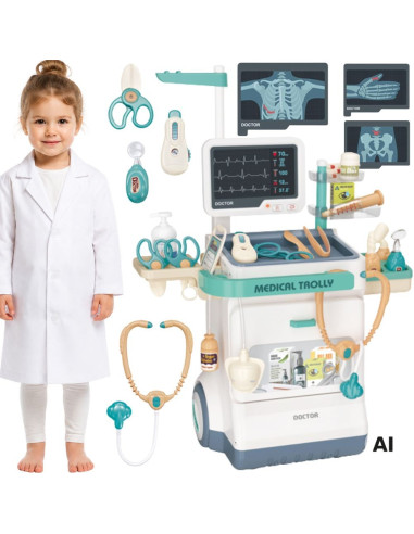WOOPIE gydytojo vežimėlio rinkinys mažajam gydytojui, su EKG garsu ir šviesa, reguliuojamas, 26 dalių