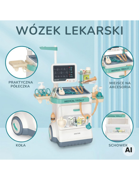 WOOPIE gydytojo vežimėlio rinkinys mažajam gydytojui, su EKG garsu ir šviesa, reguliuojamas, 26 dalių