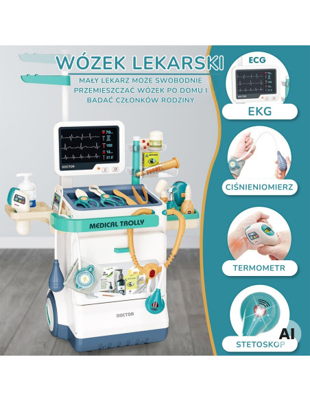 WOOPIE gydytojo vežimėlio rinkinys mažajam gydytojui, su EKG garsu ir šviesa, reguliuojamas, 26 dalių