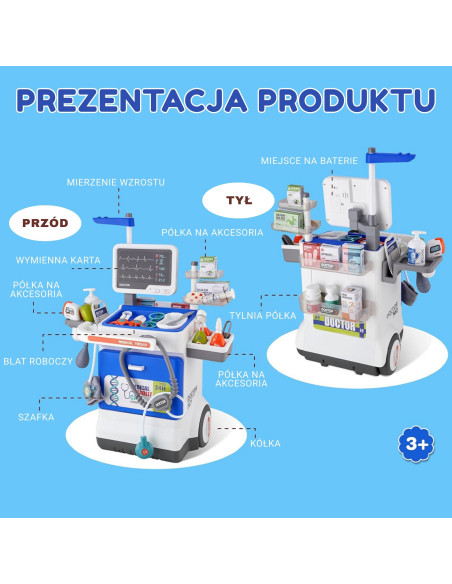 WOOPIE interaktyvus mažojo gydytojo vežimėlis su medicinos rinkiniu ir rentgeno aparatu, 115 cm
