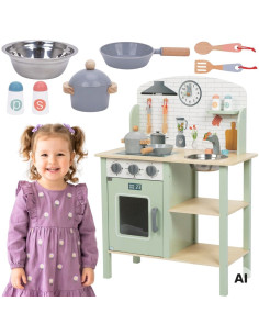 TOOKY TOY Green Wooden Kitchen with Accessories