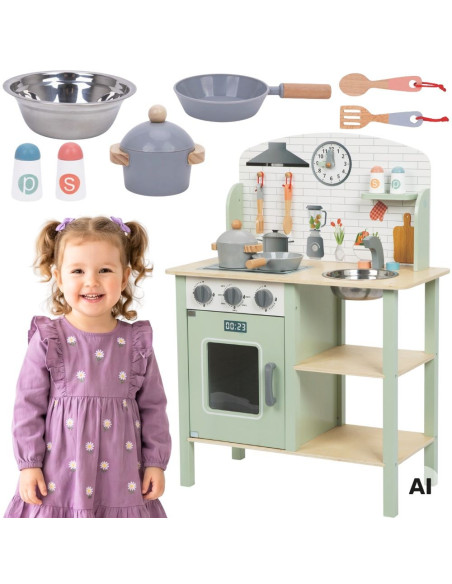 TOOKY TOY Green Wooden Kitchen with Accessories