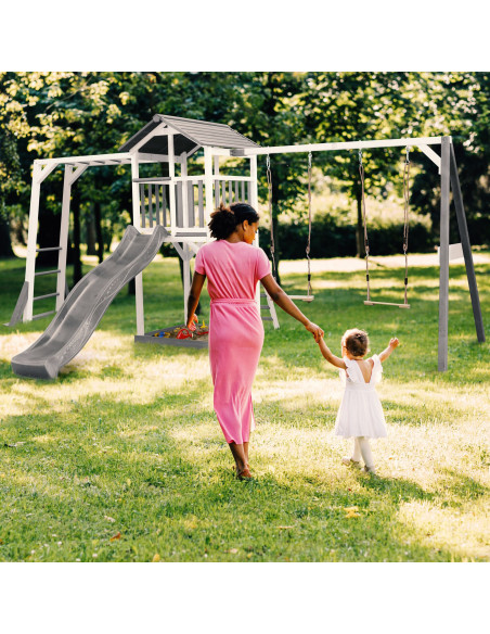 AXI Wooden Playground Tower with Double Swing, Climbing Ladders, and XLL Slide