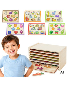 VIGA Wooden Puzzle with Handles and Shelf 7 pcs.