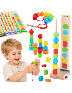 VIGA Wooden Beads for Stringing Sequencing Patterns 64 pcs 3+