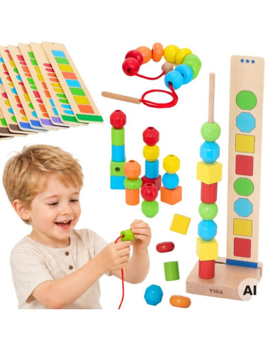 VIGA Wooden Beads for Stringing Sequencing Patterns 64 pcs 3+