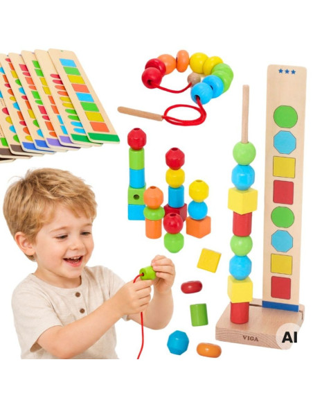 VIGA Wooden Beads for Stringing Sequencing Patterns 64 pcs 3+