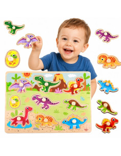 TOOKY TOY Wooden Montessori Puzzle Dinosaurs Shapes Puzzle