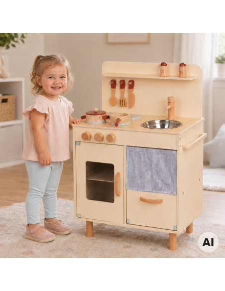 TOOKY TOY Wooden Beige Kitchen with Accessories